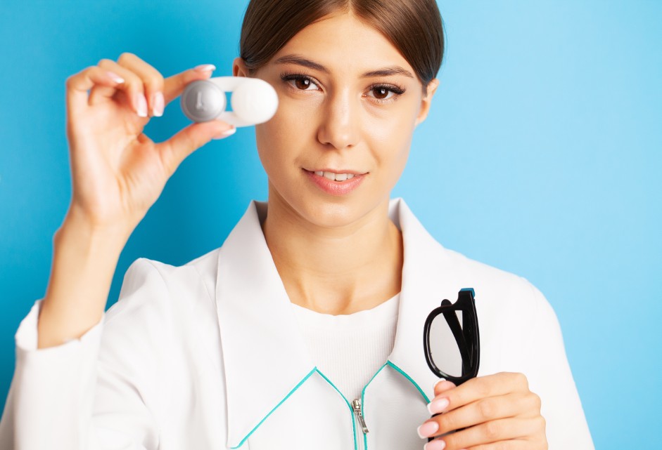 Lentille astigmate hypermetrope avec étui de lentilles et lunettes